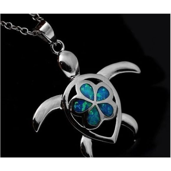 ADORABLE BLUE OPAL FLOWER SHELL SILVER SEA TURTLE NECKLACE - Picture 1 of 8